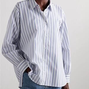 Doen Hava Cotton Silk Button Down Up Collar Shirt Top Indigo Sorrento Stripe